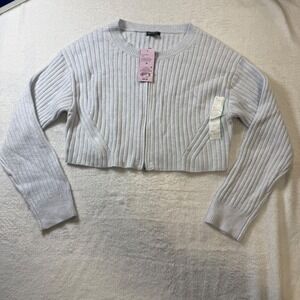 Wild Fable Women Ribbed Cropped Zip Up Cardigan Sweater Long Sleeve Light Blue M